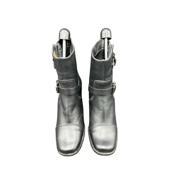 🔥 Harley-Davidson 7.5M Black Leather Harness Moto Biker Boots Chunky Heel Y2K - Picture 2 of 8